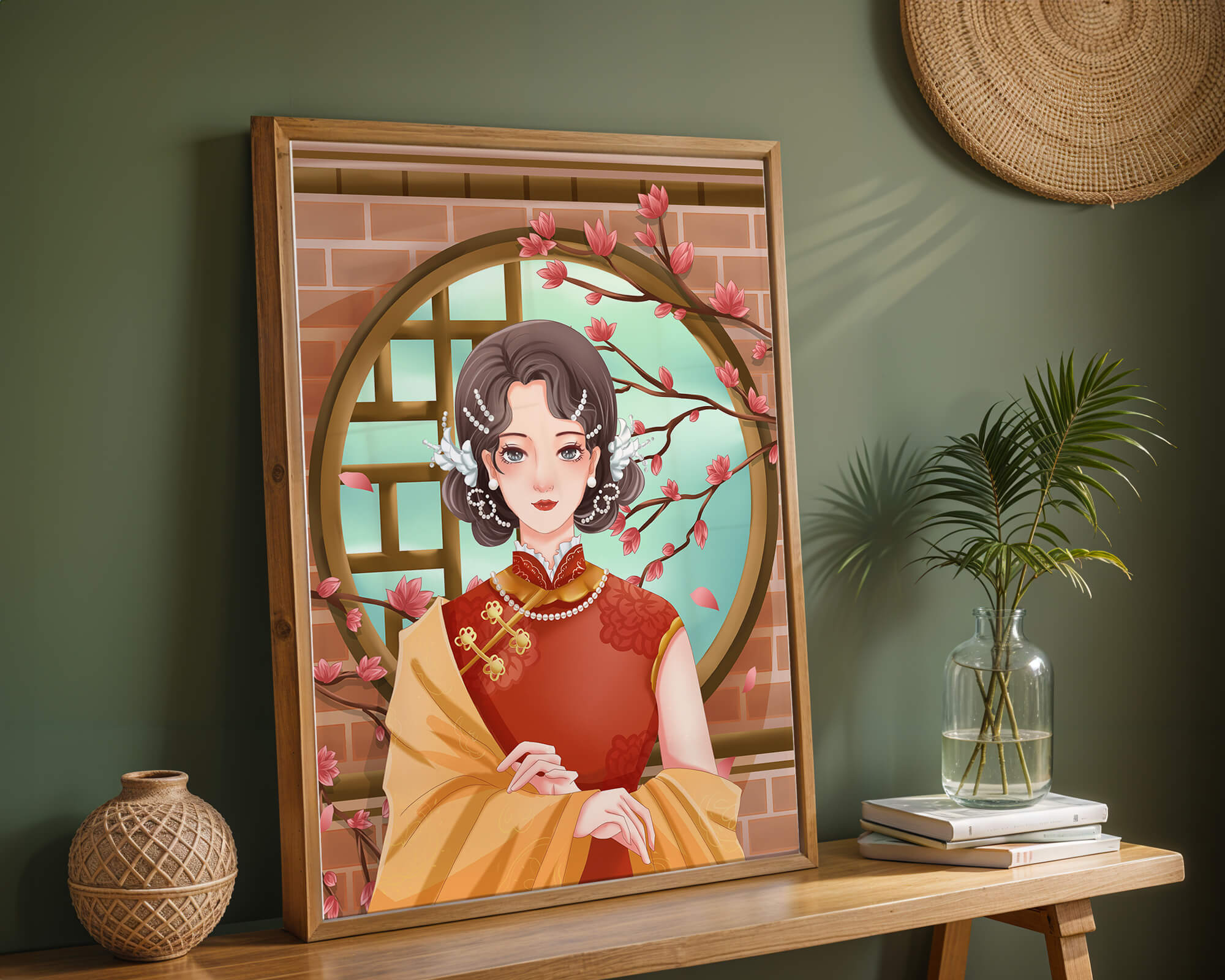 Elegant woman in traditional dress with floral background