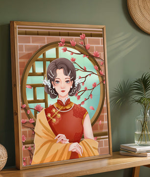 Elegant woman in traditional dress with floral background