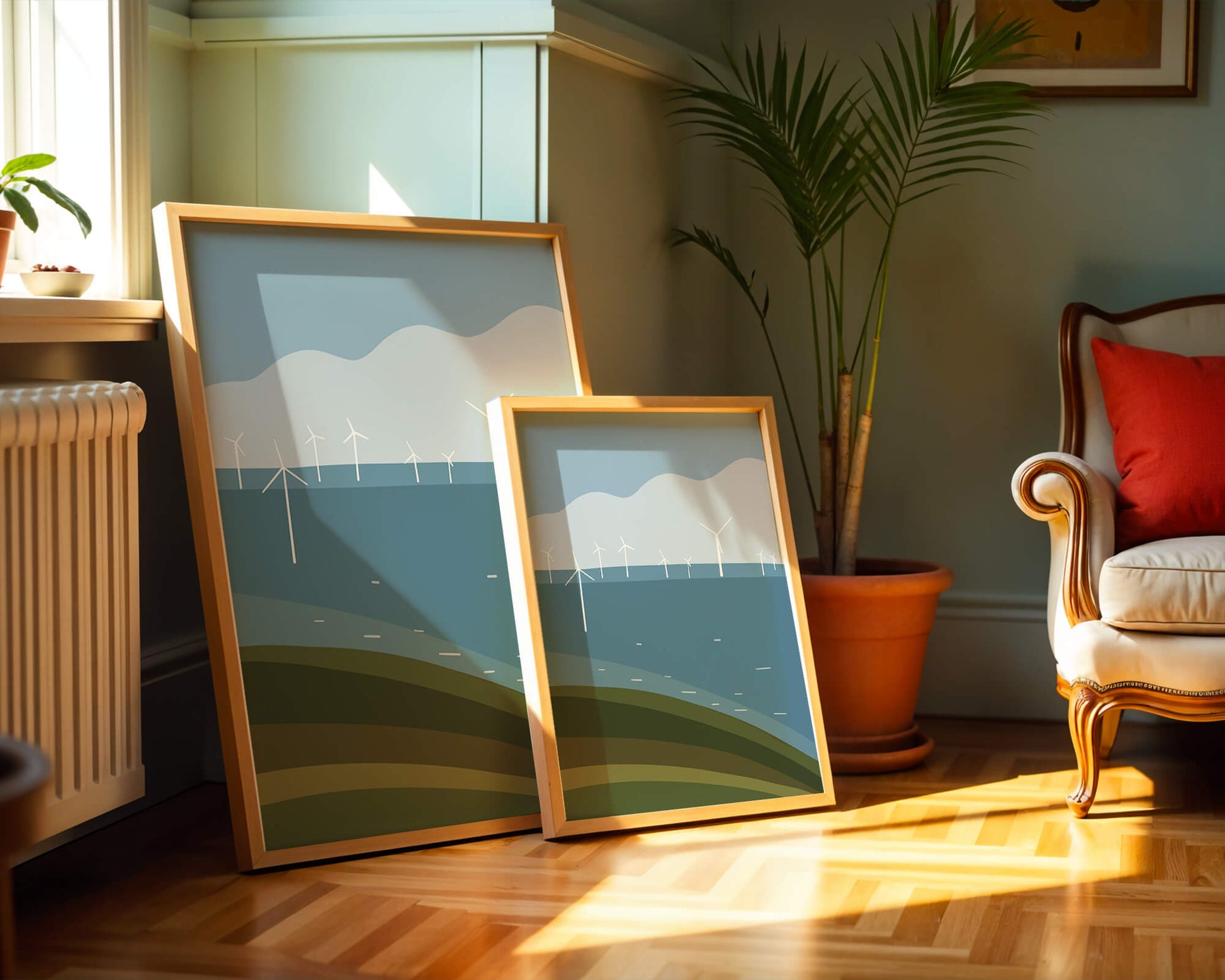 Wind Turbines on Rolling Hills Against a Clear Blue Sky