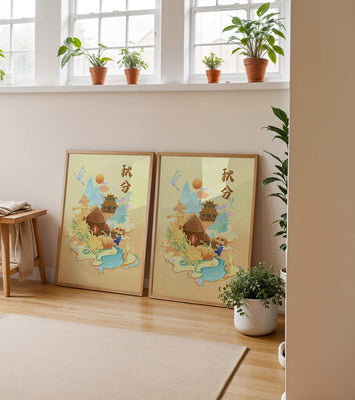 Charming autumn scene with traditional elements and nature motifs