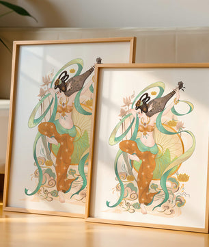 Elegant depiction of an Asian-inspired musician with floral and ribbon motifs