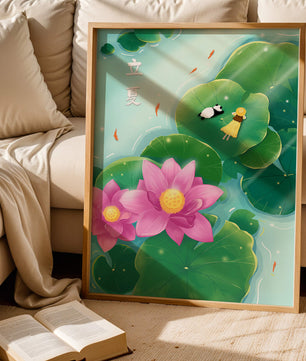 Girl and Panda Relaxing on Lily Pads with Pink Lotus and Goldfish