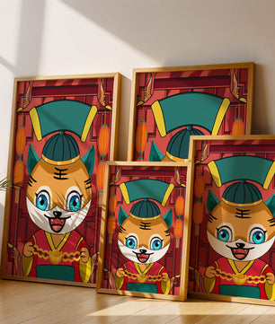 Tigre de dibujos animados colorido con linternas y elementos tradicionales