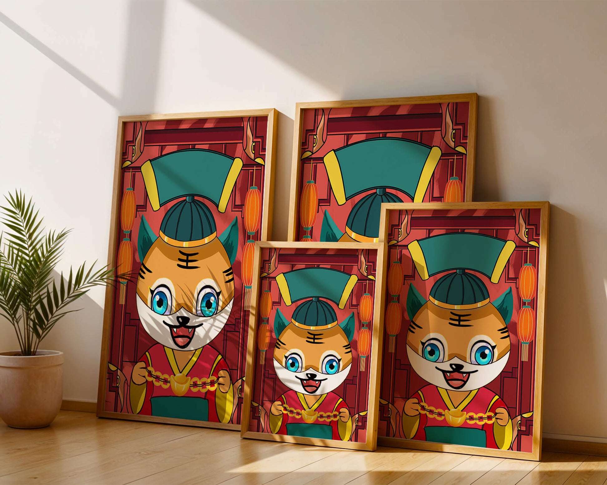 Colorful cartoon tiger with lanterns and traditional elements