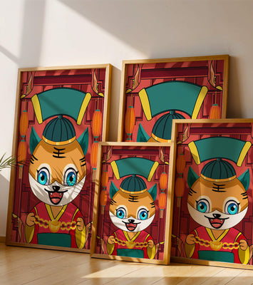 Colorful cartoon tiger with lanterns and traditional elements