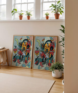 Colorful Abstract Surrealism Art with Intricate Details and Playful Characters