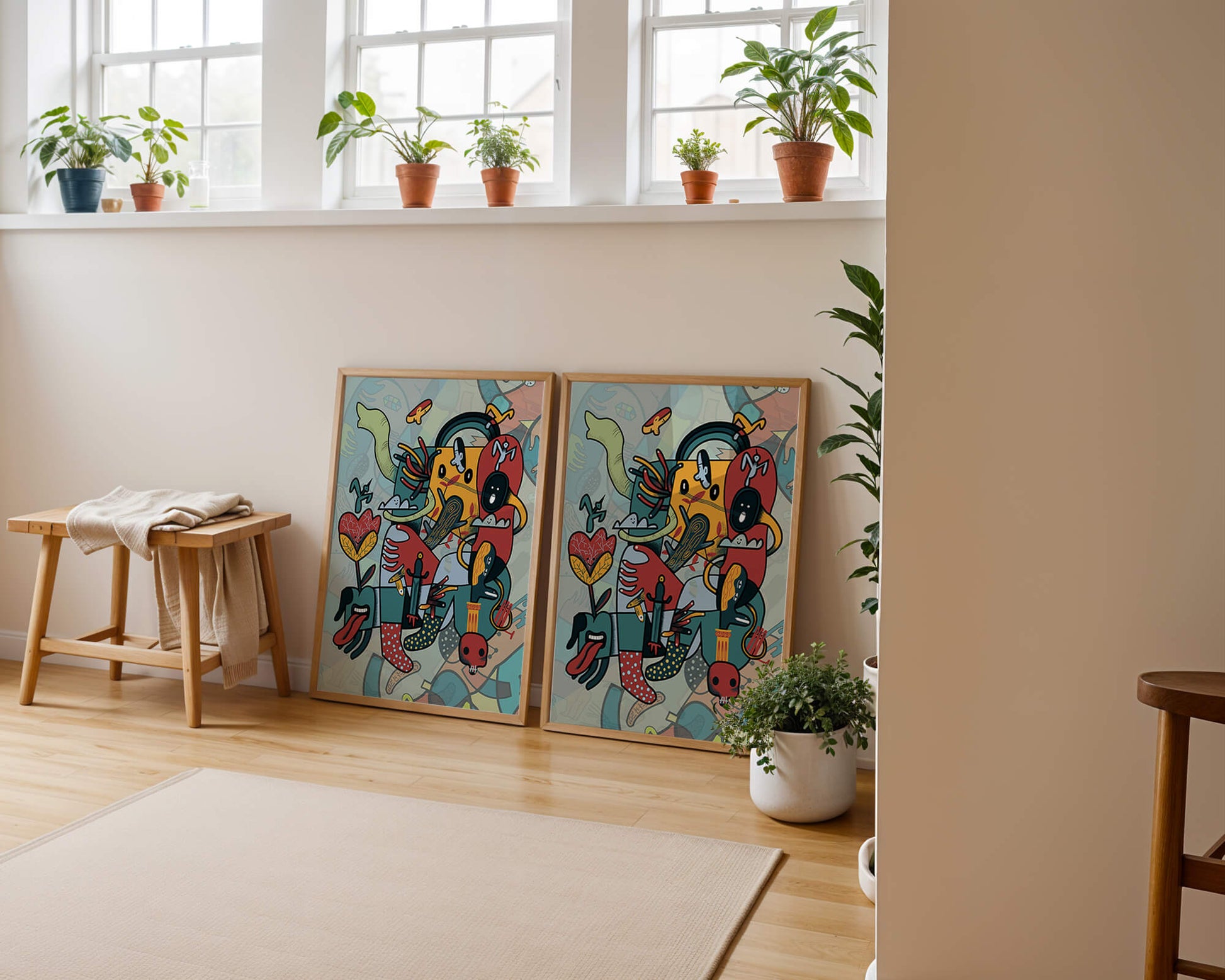 Colorful Abstract Surrealism Art with Intricate Details and Playful Characters