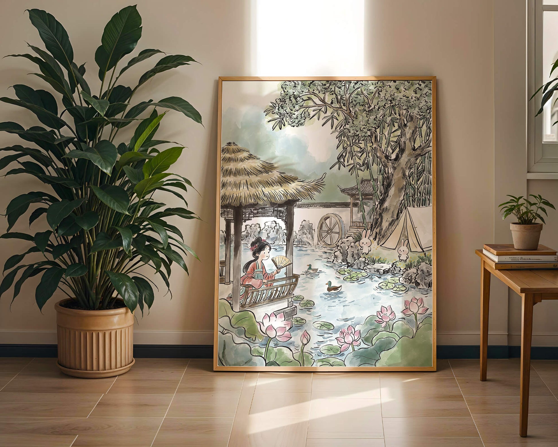 Escena tranquila de jardín con mujer, patos y conejos en un entorno tradicional