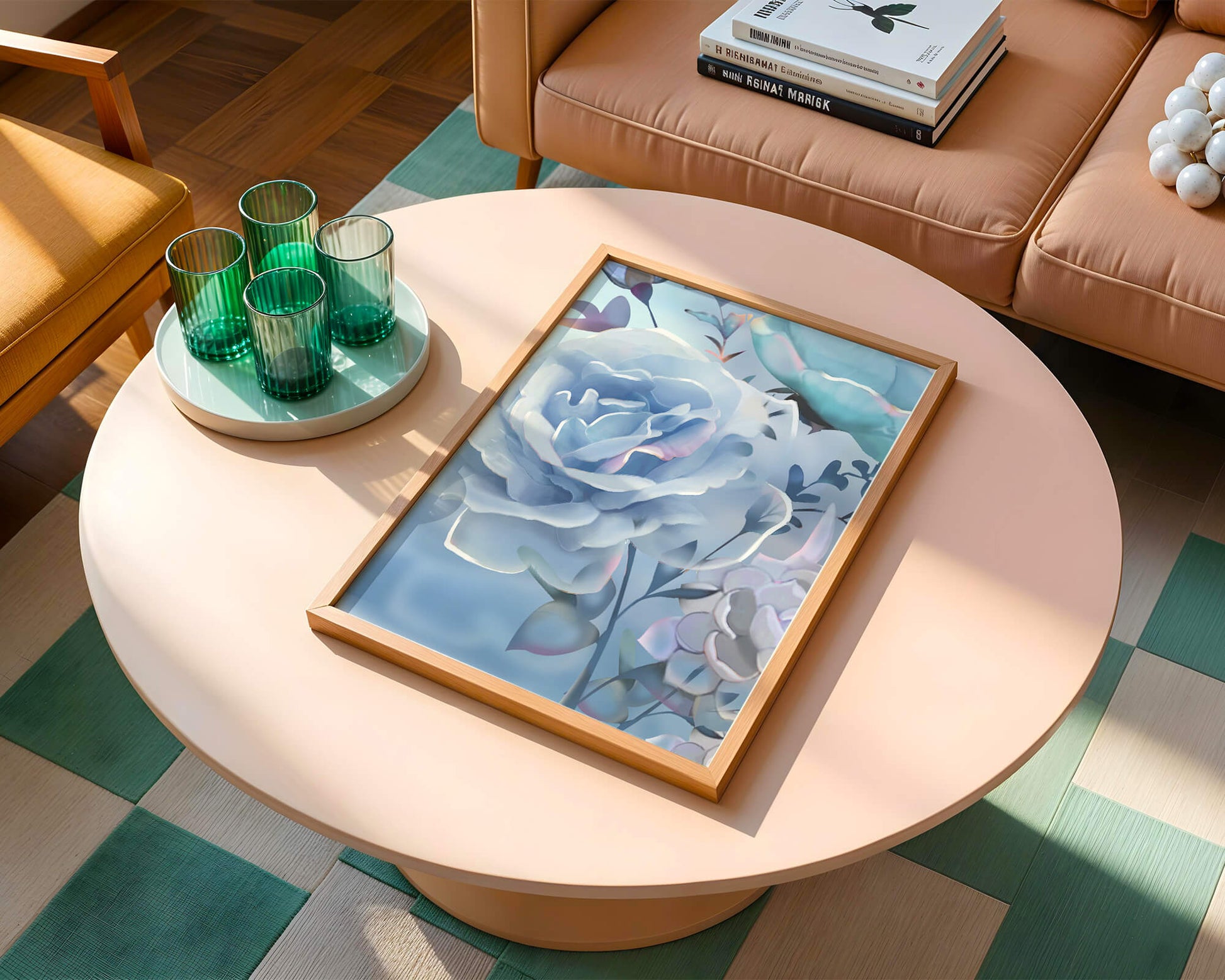 Rosas azules serenas con hojas delicadas sobre fondo suave