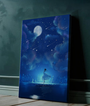 Cielo nocturno soñador con figura danzante y luz de luna brillante