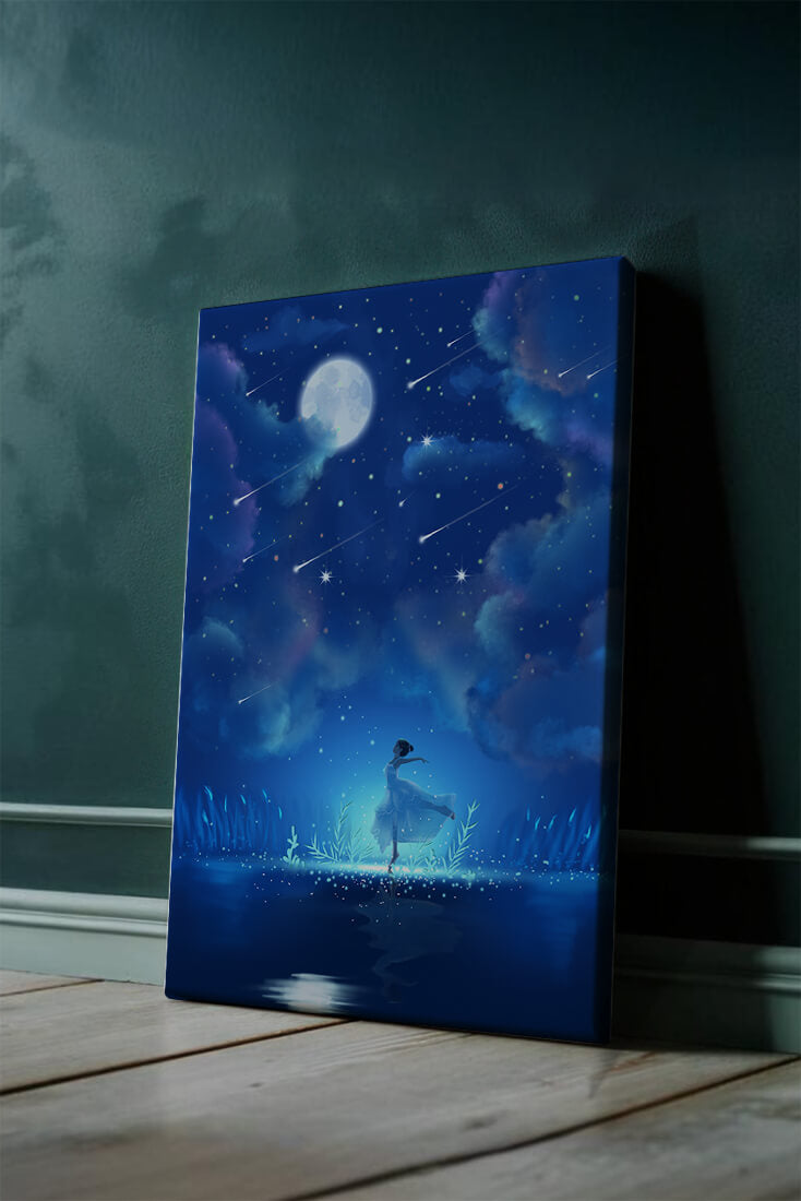 Cielo nocturno soñador con figura danzante y luz de luna brillante