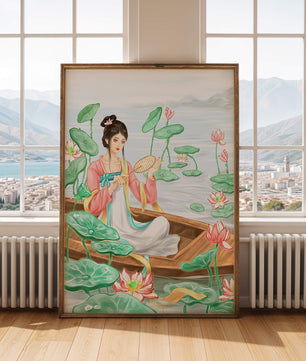 Femme élégante en tenue traditionnelle assise dans une barque parmi des fleurs de lotus