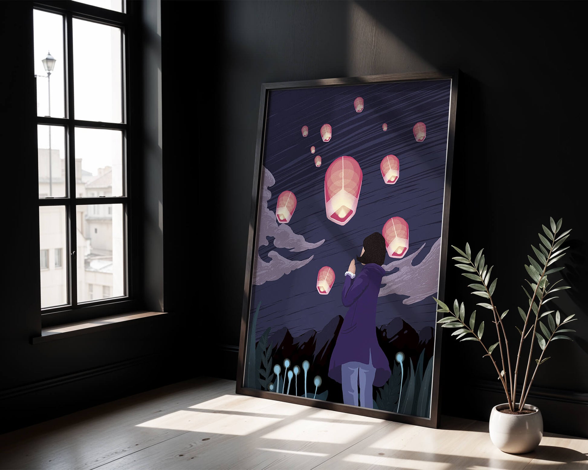 Girl Watching Pink Lanterns Soaring into the Night Sky