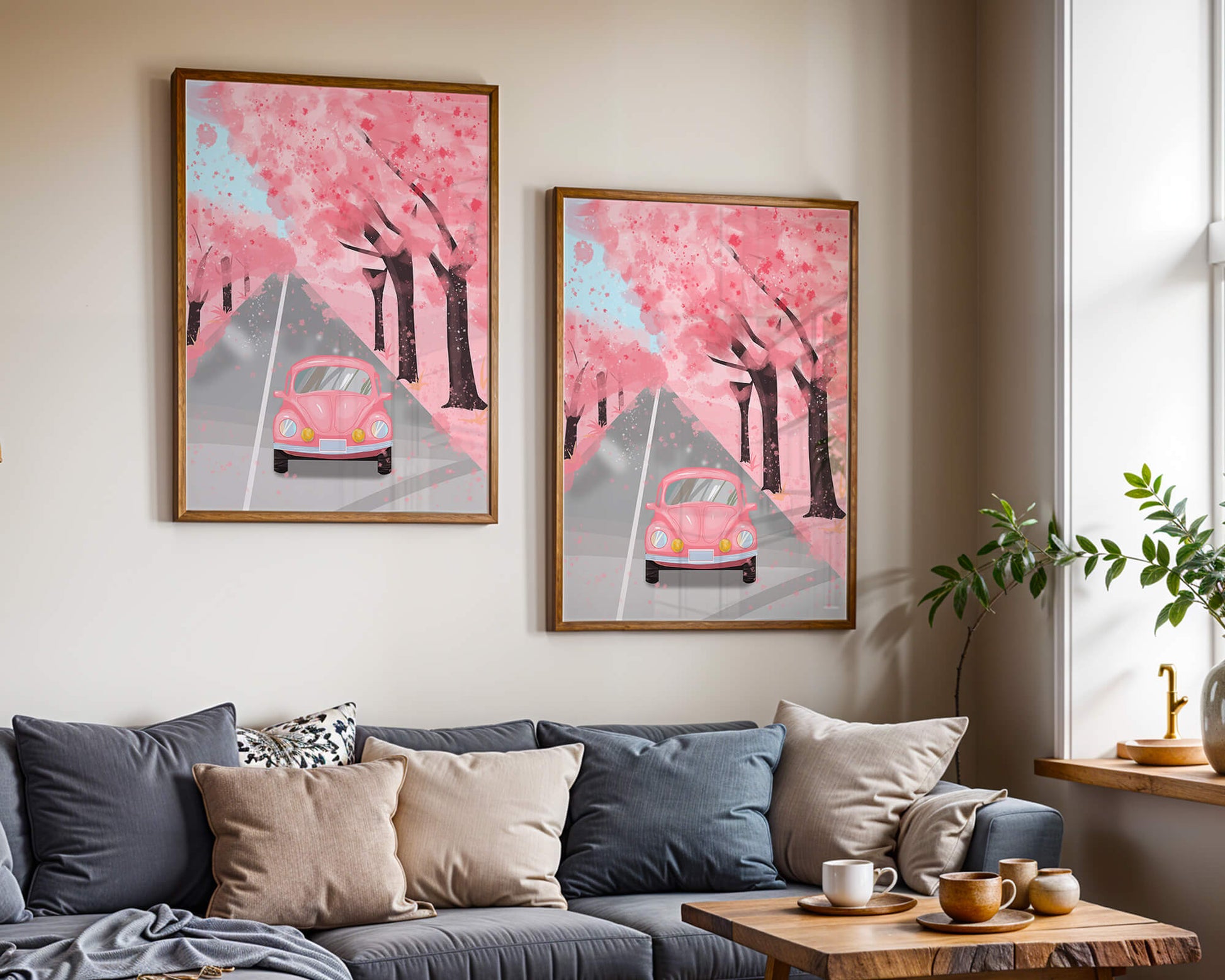 Pink vintage car on a cherry blossom road