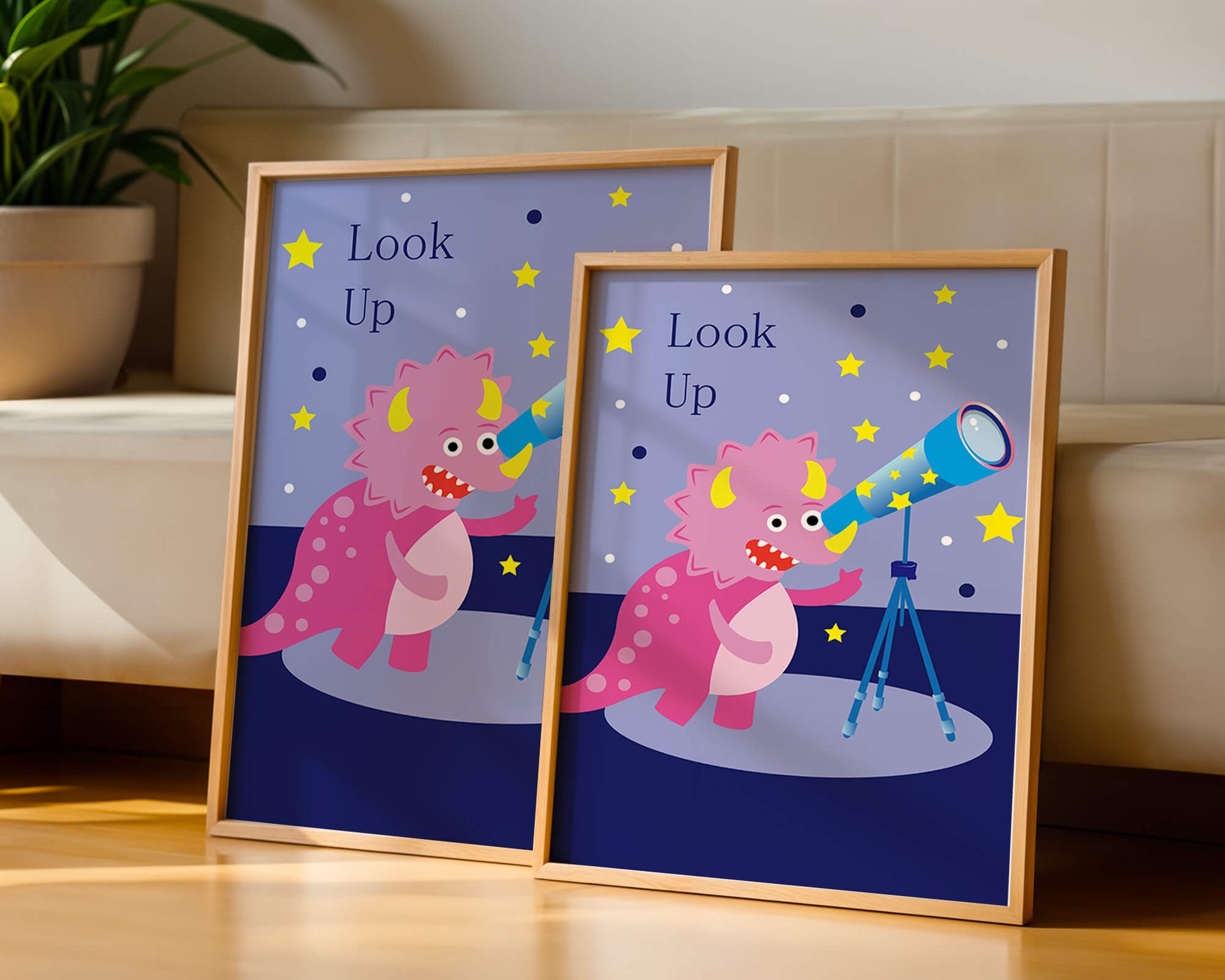 Pink cartoon dinosaur looking through a telescope with stars
