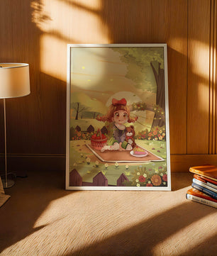Whimsical picnic scene with a young girl and teddy bear under sunset in vibrant meadow