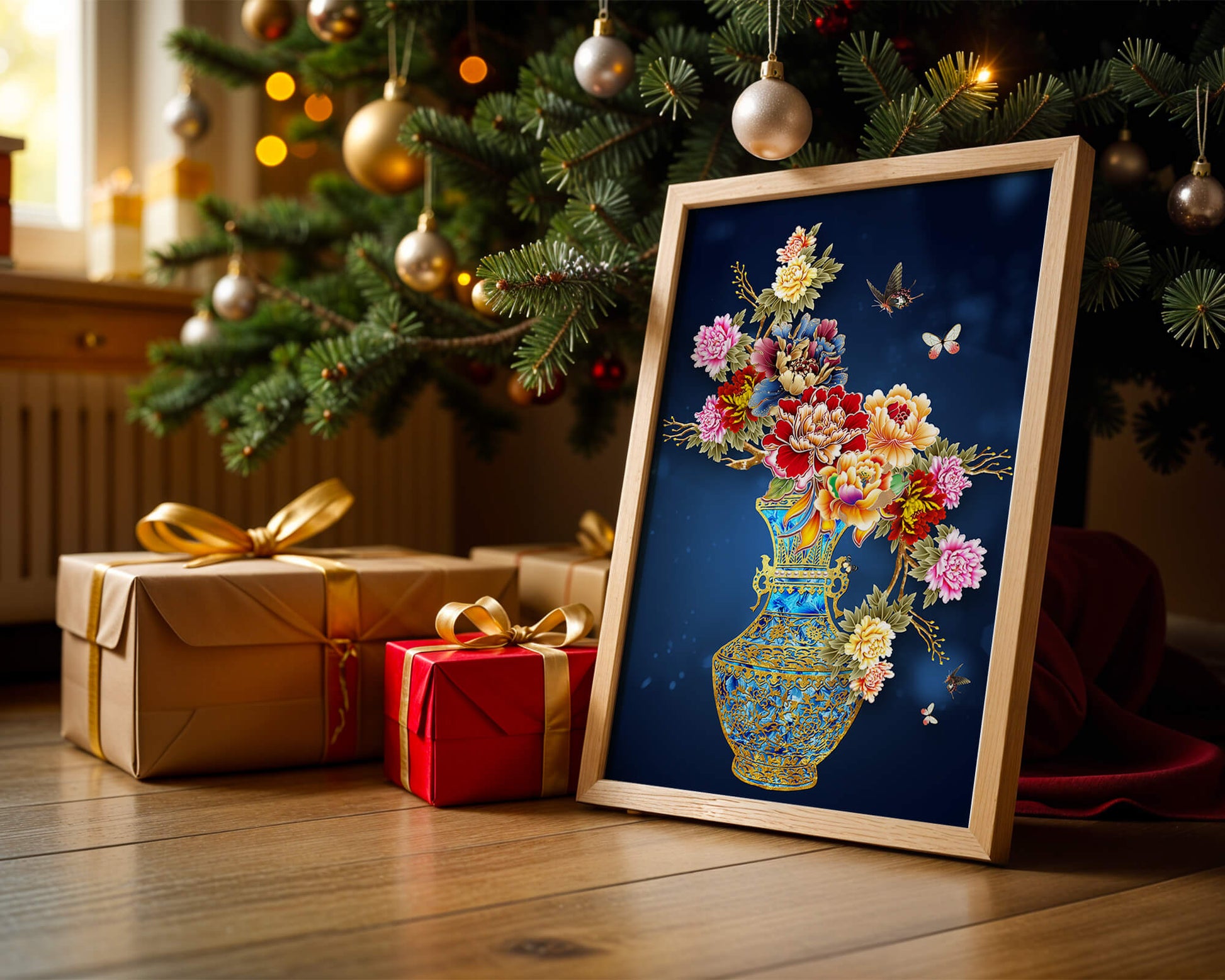 Elegant floral arrangement in ornate gold-accented vase with butterflies