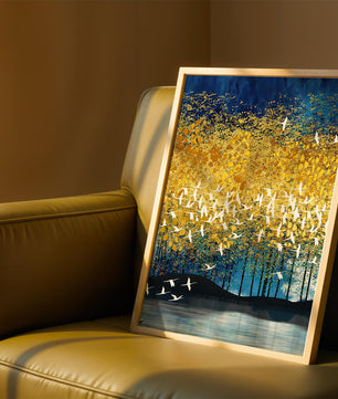 Vibrant Forest Landscape with Birds and Golden Leaves