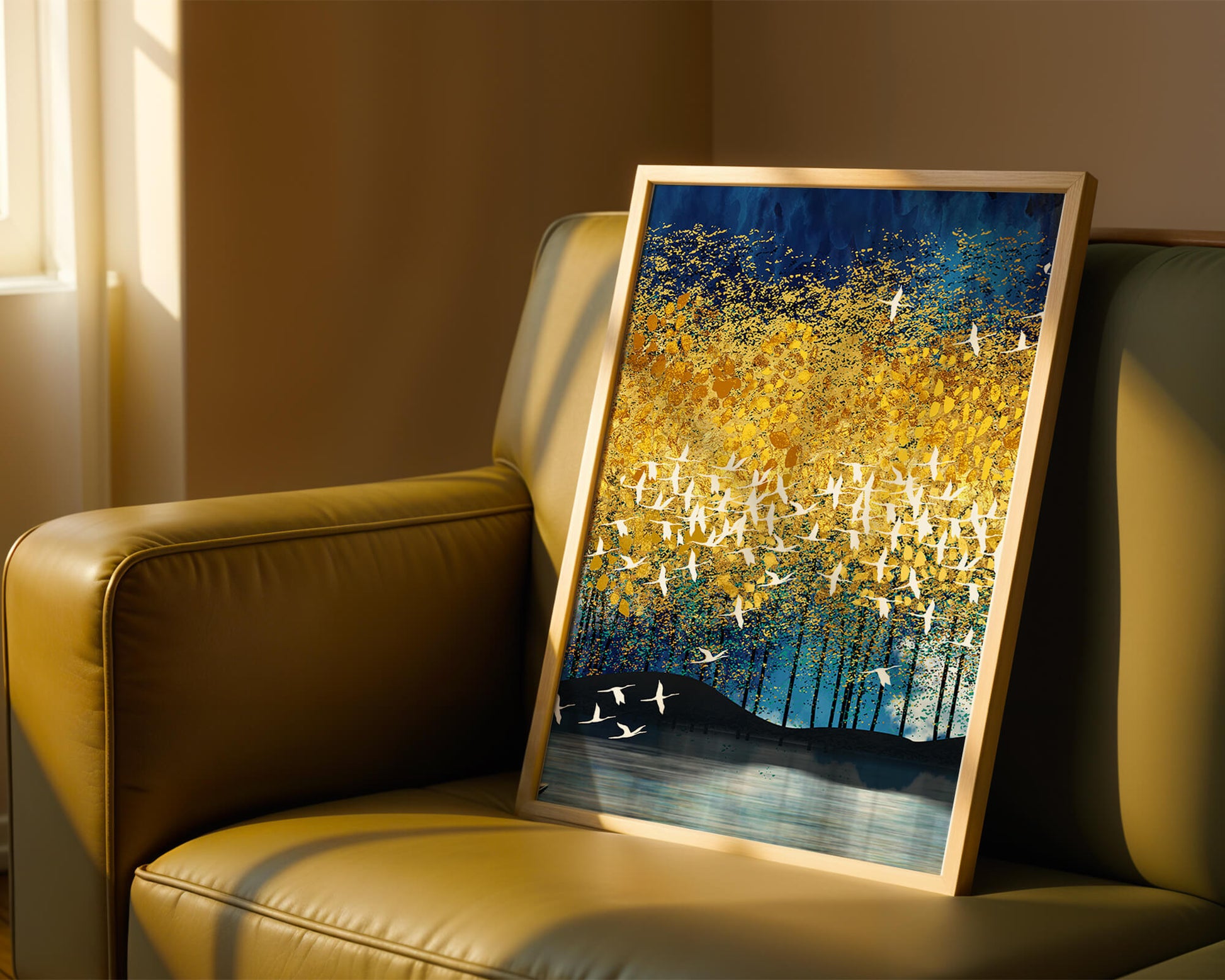 Vibrant Forest Landscape with Birds and Golden Leaves