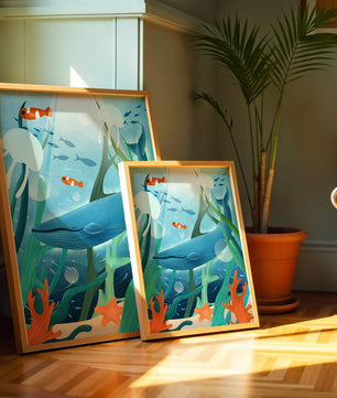 Underwater scene with whale, fish, and sea plants illustration