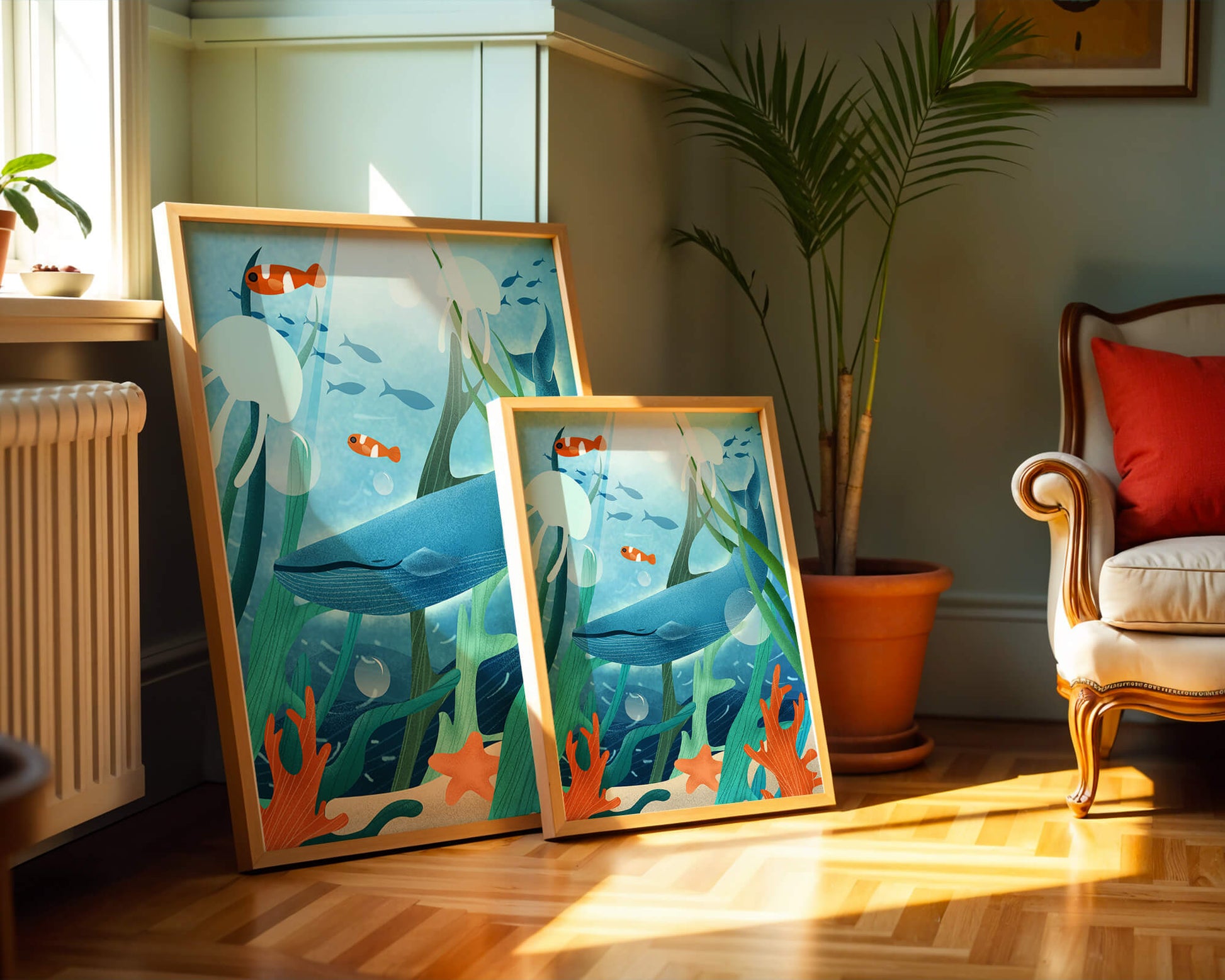 Underwater scene with whale, fish, and sea plants illustration