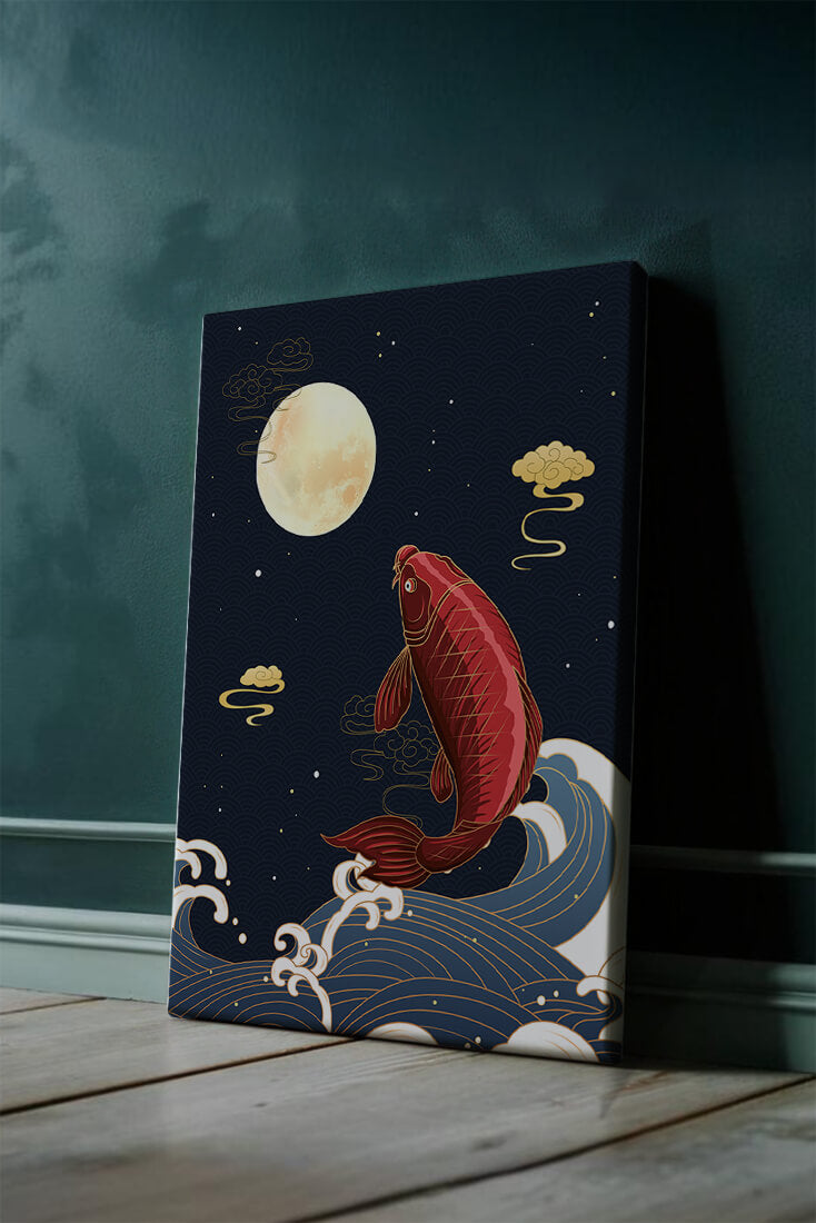 Artistic illustration of koi fish jumping over waves under moonlight