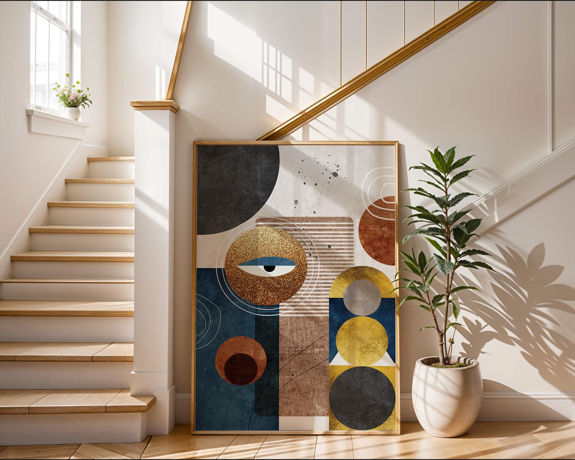 Abstract geometric artwork with gold and blue elements