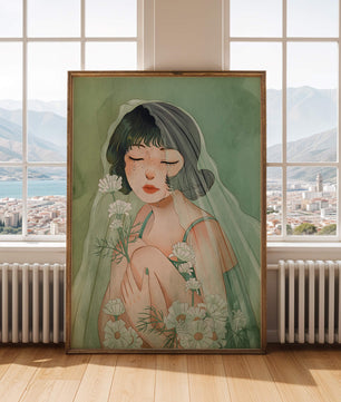 Ilustración emocional de una mujer rodeada de flores