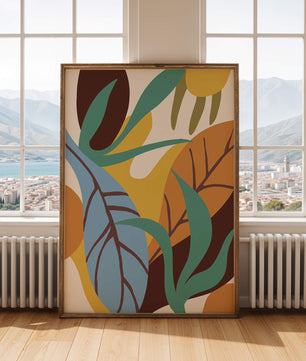 Abstract botanical design with colorful leaves and organic shapes