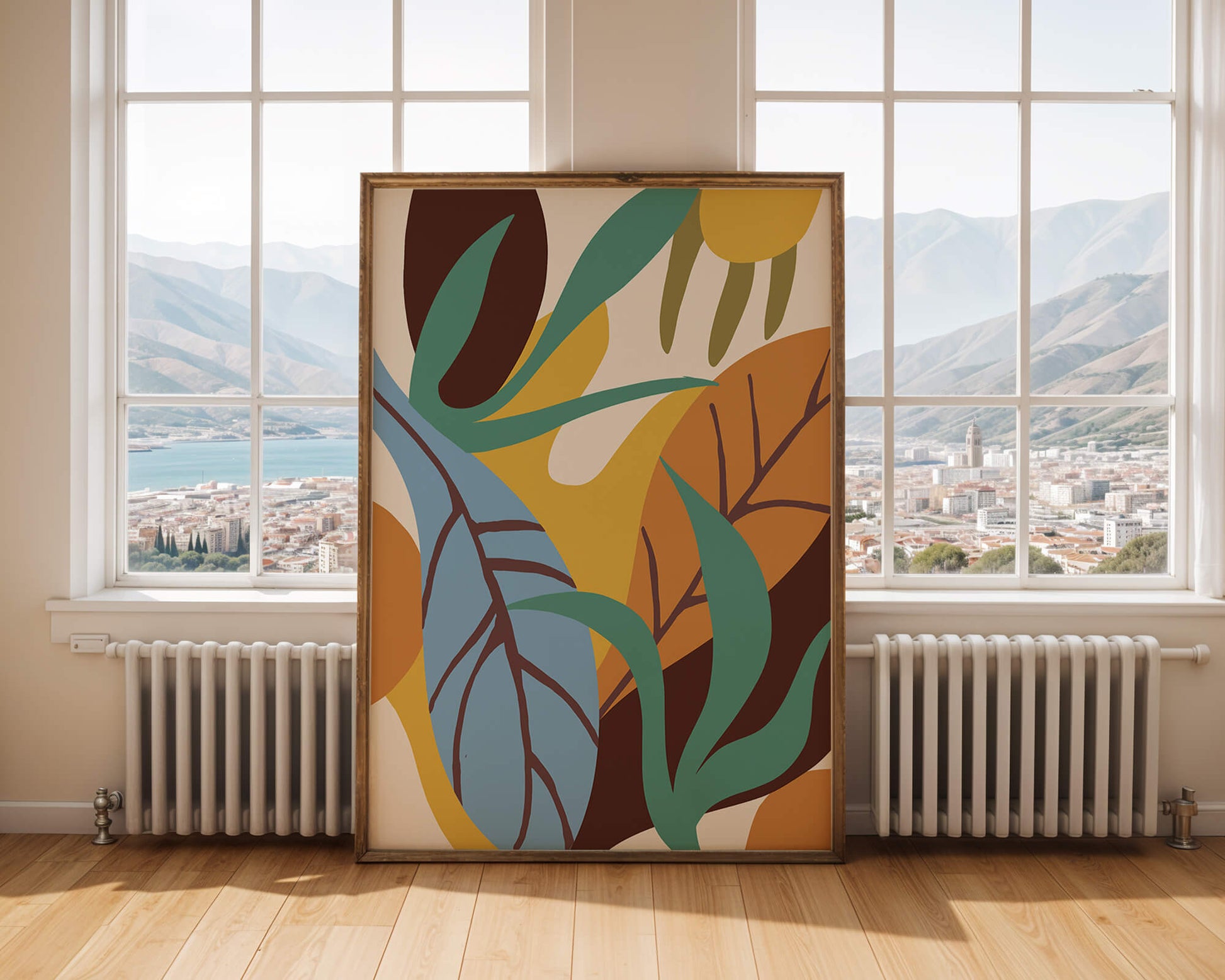 Abstract botanical design with colorful leaves and organic shapes