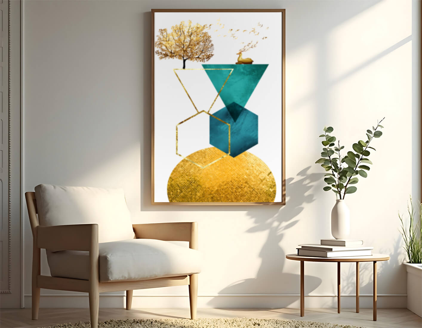 Abstract Geometric Composition with Golden Deer and Tree