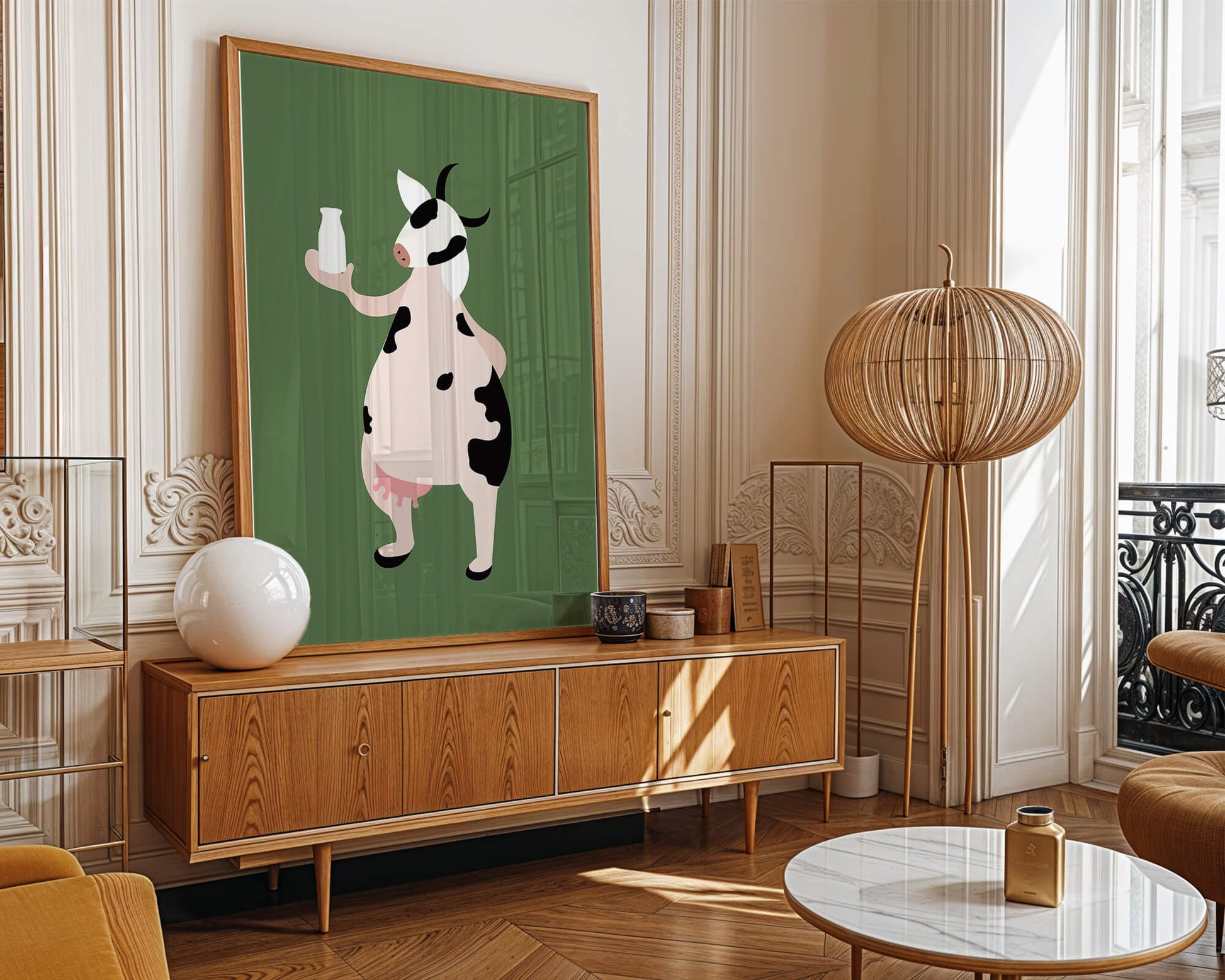 Illustration of anthropomorphic cow holding a milk bottle on green background
