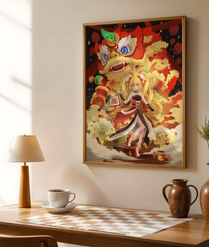 Colorful anime-inspired scene with a lion dance and festive character