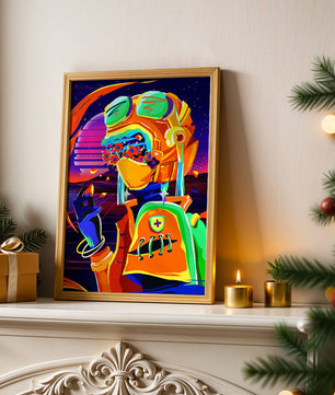 Vibrant futuristic illustration with a colorful character in helmet and flowers
