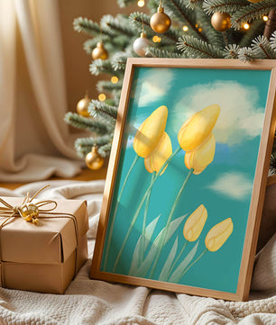 Stylized yellow tulips against a cloudy blue sky background