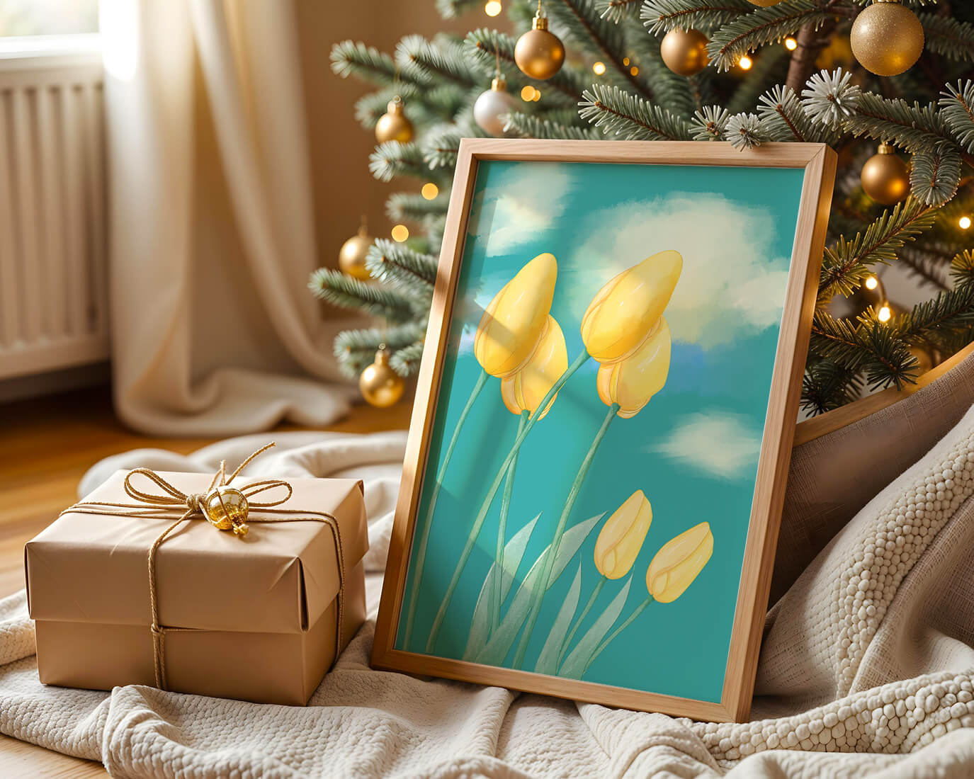 Stylized yellow tulips against a cloudy blue sky background
