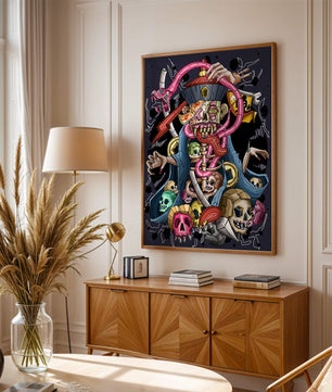 Colorful skeleton with skulls and snake illustration