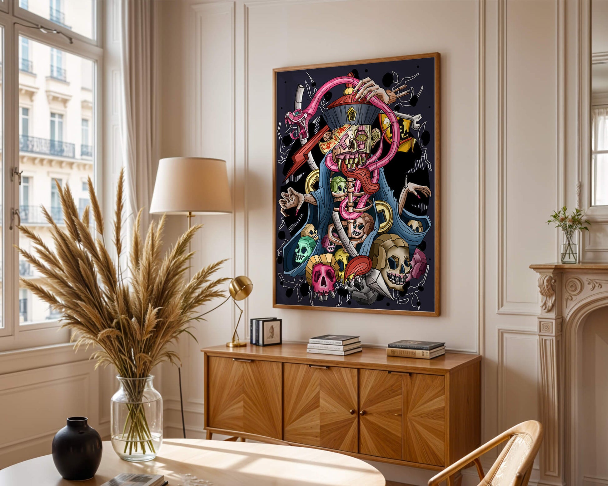 Colorful skeleton with skulls and snake illustration