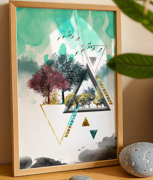 Abstract Geometric Landscape with Vibrant Trees and Birds - Mi tienda
