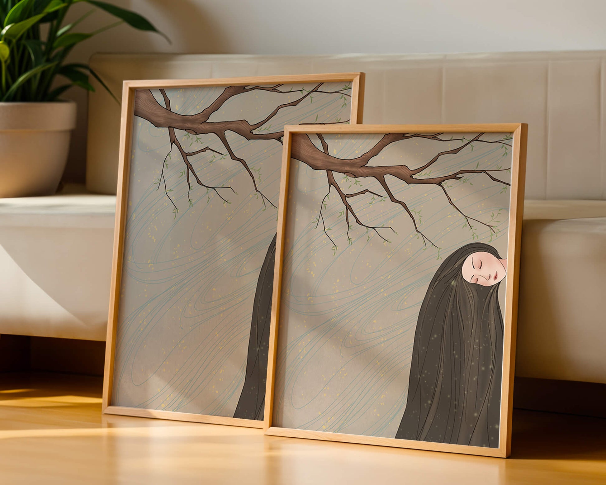 Serene illustration of a woman intertwined with nature and flowing designs