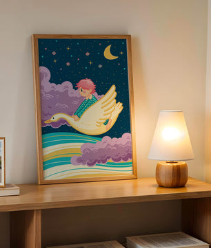 Child flying on a goose through a magical night sky illustration