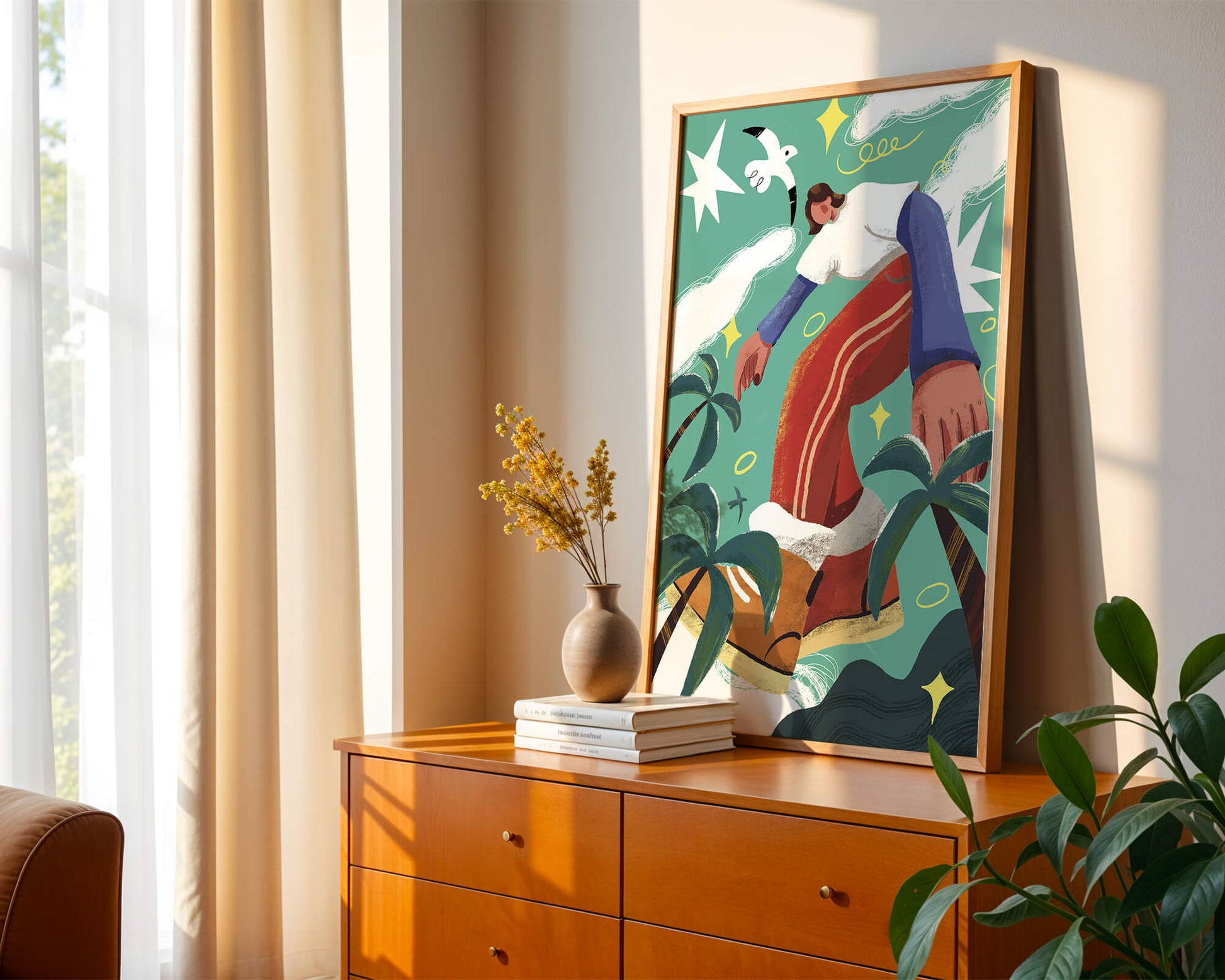 Colorful Abstract Surreal Landscape with Giant Figure and Nature Elements