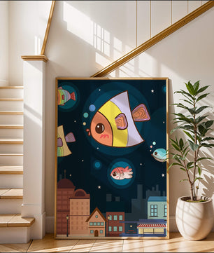 Poisson de dessin animé flottant au-dessus d'une ville nocturne avec des étoiles