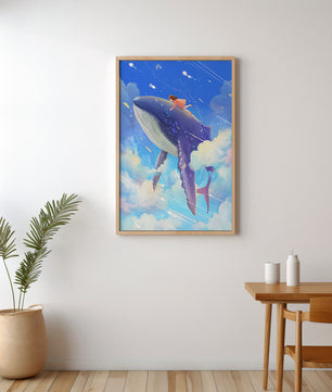 Illustration onirique d'une fille chevauchant une baleine à travers le ciel