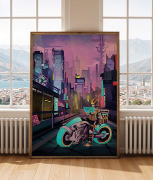 Paisaje urbano futurista cyberpunk con rascacielos iluminados con neón y motociclista