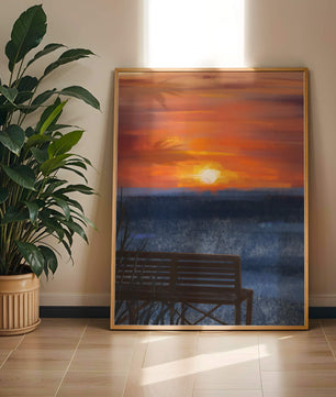 Tranquil Sunset over Ocean with a Lonely Bench