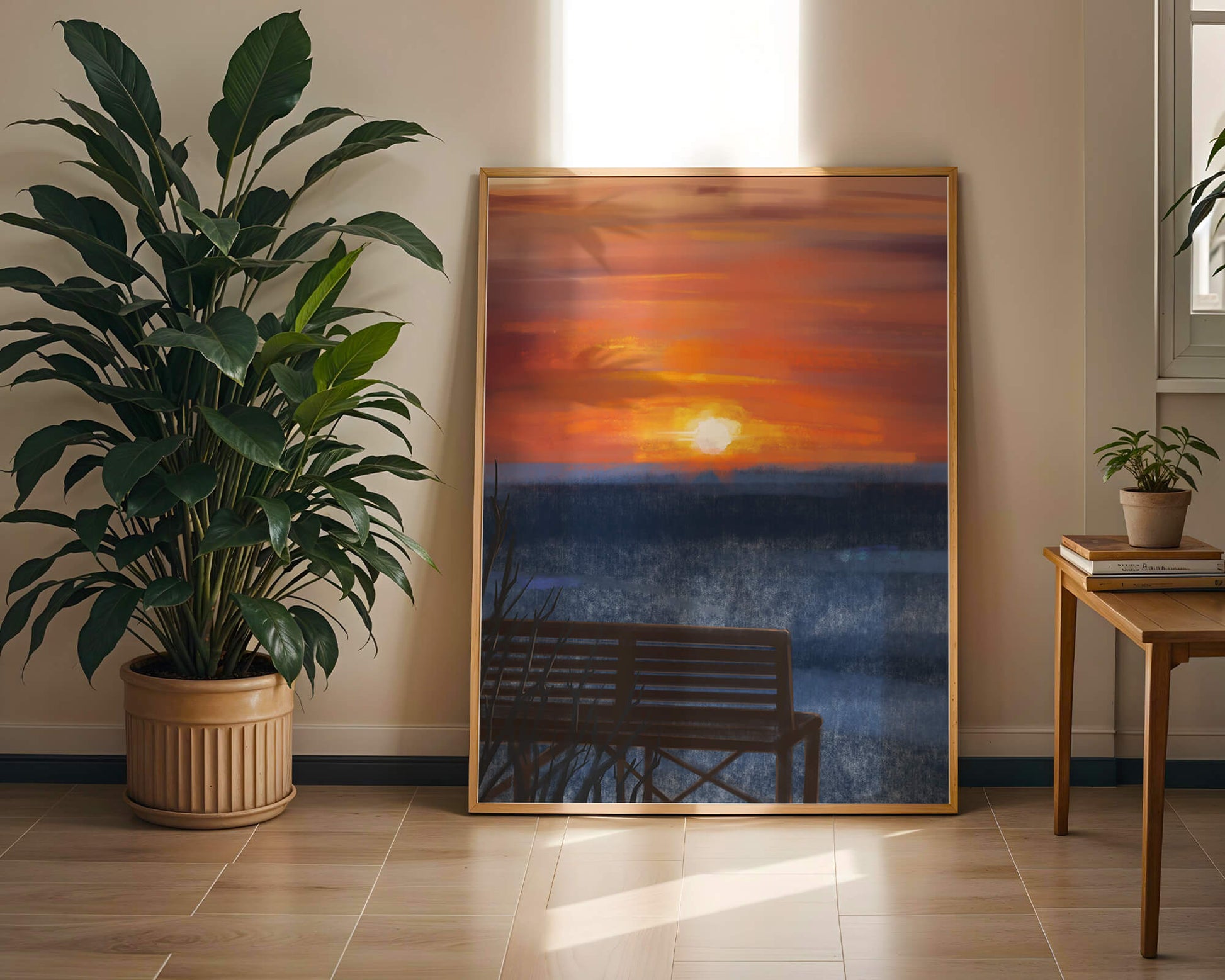 Tranquil Sunset over Ocean with a Lonely Bench