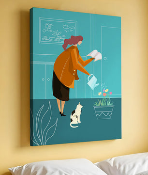 Mujer regando flores con un gato en un interior moderno