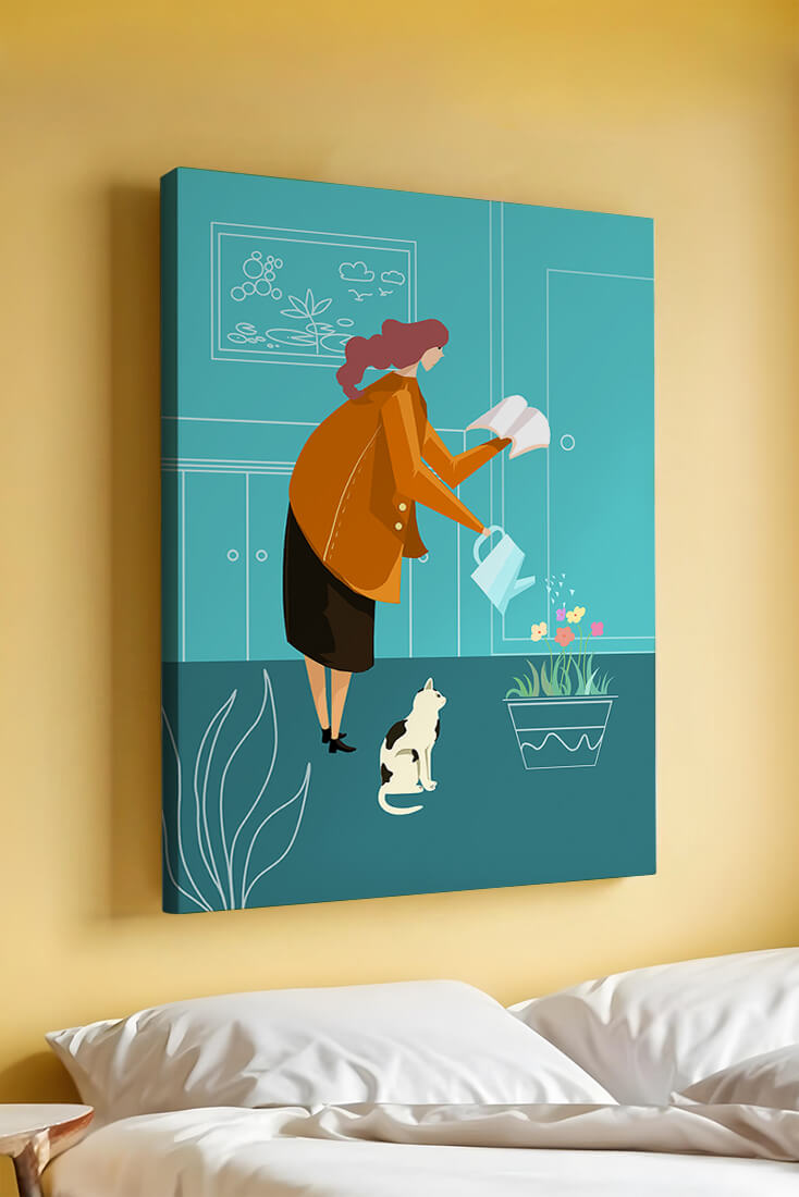 Mujer regando flores con un gato en un interior moderno