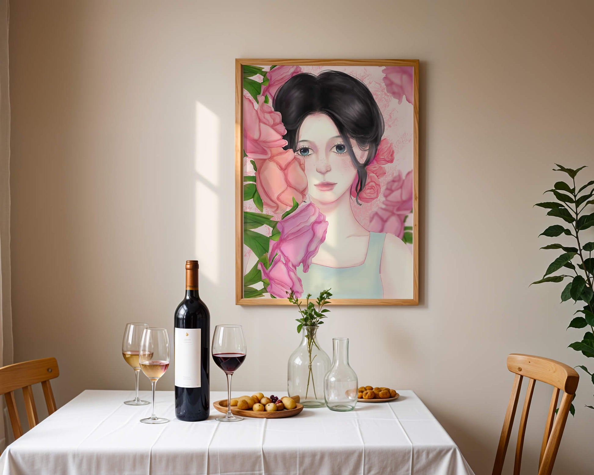 Illustration of a woman surrounded by pink roses